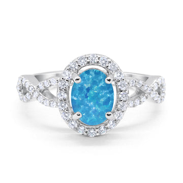 Art Deco Halo Wedding Ring Oval Lab Created Blue Opal 925 Sterling Silver